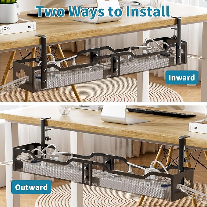 Under Desk Cable Management Tray Black, Litwaro Cable Management Under Desk No Drill, 25'' Cable Tray with Clamp for Wire Management, Cord Organizer for Office, Home - No Damage to Table