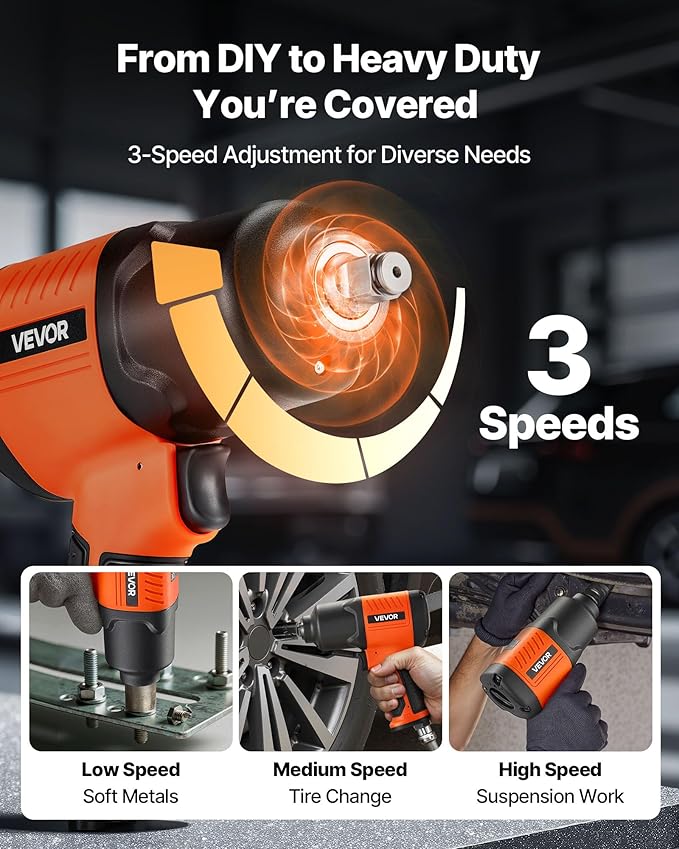 VEVOR Air Impact Wrench, 1/2" Drive Pneumatic Impact Wrench Up to 1100 ft-lbs Reverse Torque, 7500RPM 4-Speed Adjustable & Lightweight Pneumatic Gun for Auto Repairs and Maintenance