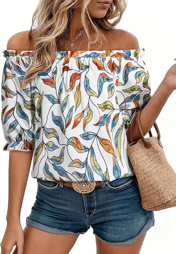 EVALESS Womens Tops Off The Shoulder Blouses for Women Dressy Casual Cute Puff Sleeve T Shirts Fashion 2026