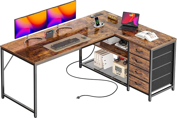 PRAISUN 53" L Shaped Desk with Power Outlets & USB-C Port, Reversible Computer Corner Office Desk with 4 Fabric Drawers and 2 Storage Shelves, Large Desk for Gaming Writing Work Study, Rustic Brown