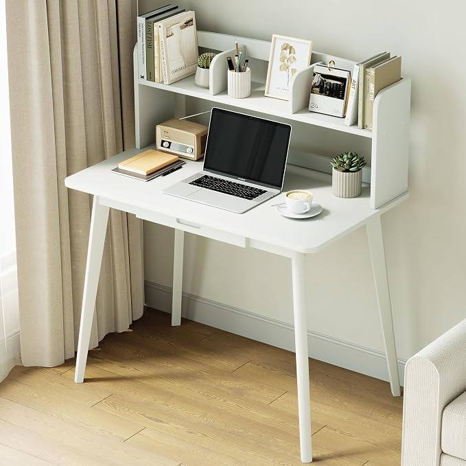 IOTXY Small Writing Desk with Hutch - 39.4" Work Computer Study Table | White , Storage Drawer, Space-saving for Home and Office, with Bookshelves