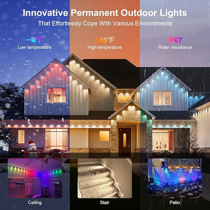Permanent Outdoor Lights 50FT, Smart RGB+IC Eave Lights with Remote APP Control, DIY LED Color Individual, White & Colorful Christmas String Light, IP67 Waterproof for House Outside Decor