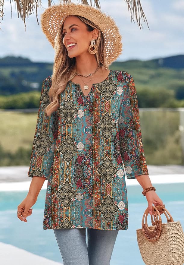 OFEEFAN Summer Boho Tops For Women 3/4 Length Sleeve Womens Tops Vacation Outfits