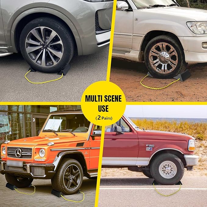 HOXWELL Dual Wheel Chocks, Light Non-Slip Wheel Stoppers with Nylon Rope Yellow Reflective Tape, Wheel Block for Lightweight Travel Trailer, Light Truck, Car, Tractor, Lawnmower 2 Pair, Black&Yellow