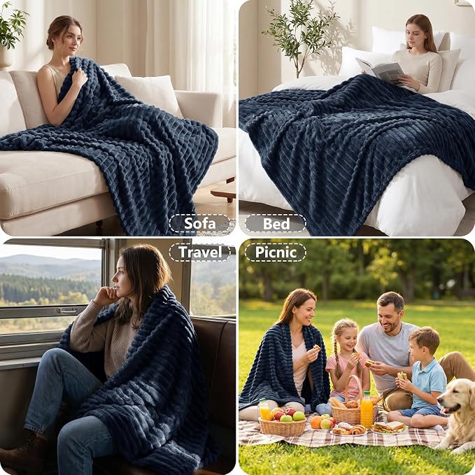 Navy Blue Throw Blanket for Couch & Bed, 50 x 60 Inch | 300GSM Ribbed Fleece Blanket, Soft, Cozy & Lightweight, OEKO-TEX Certified, All-Season Use for Travel, Dorm & Home Decor