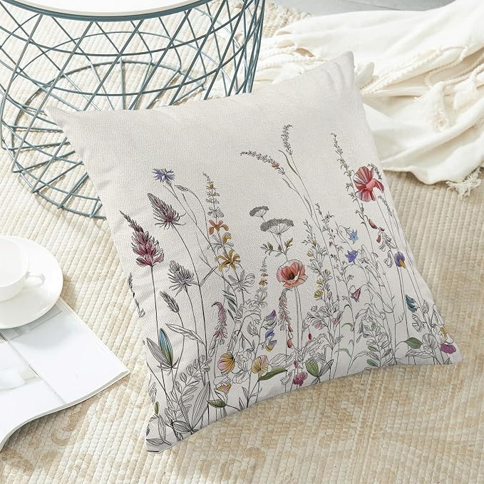 AEIOAE Spring Pillow Covers 24x24 Inch Set of 2, Black Wild Flower Throw Pillows Case,Colorful Seasonal Floral Plant Outdoor Decorative Farmhouse Decor Cushion Covers for Home Sofa Bed Couch