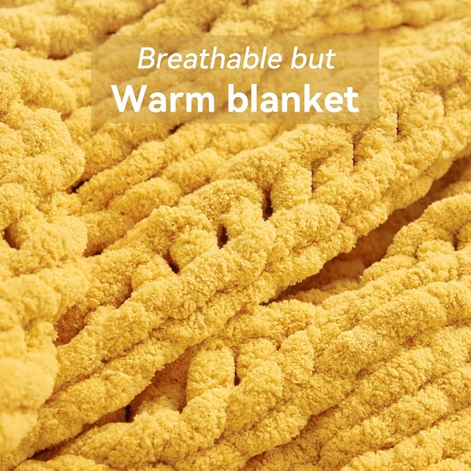 Negwoo Chunky Knit Throw Blanket, Knitted Throw Chenille Yarn, 30"*40" | Soft Thick Cable Knitted Blankets, Handmade Big Thick Blanket, Machine Washable Cute Comfy Blanket for Home Decor, Yellow