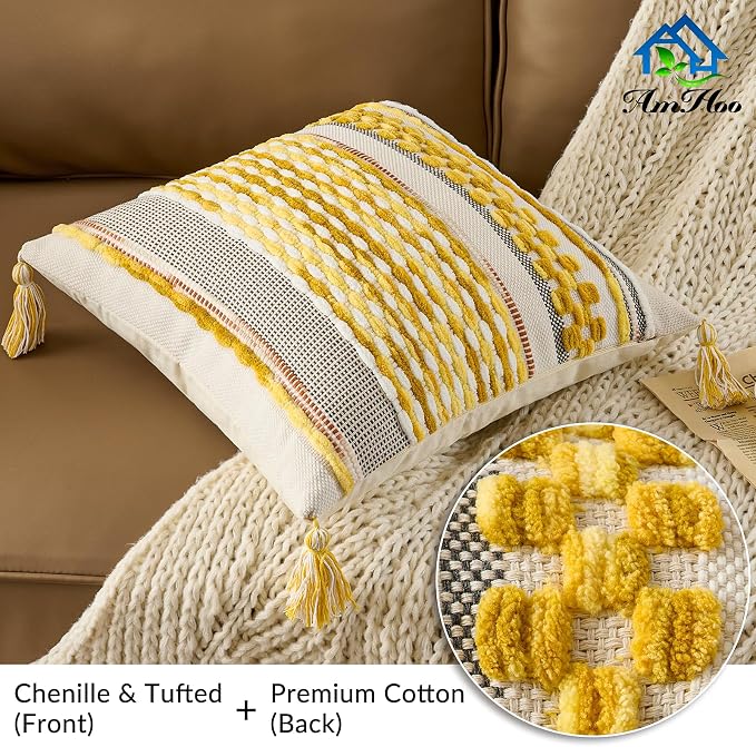Chenille Striped Textured Boho Throw Pillow Covers Aesthetic with Tassels Woven Decorative Pillow Case for Couch Bed Sofa Bedroom Modern Funky 18 x 18-Inch Yellow