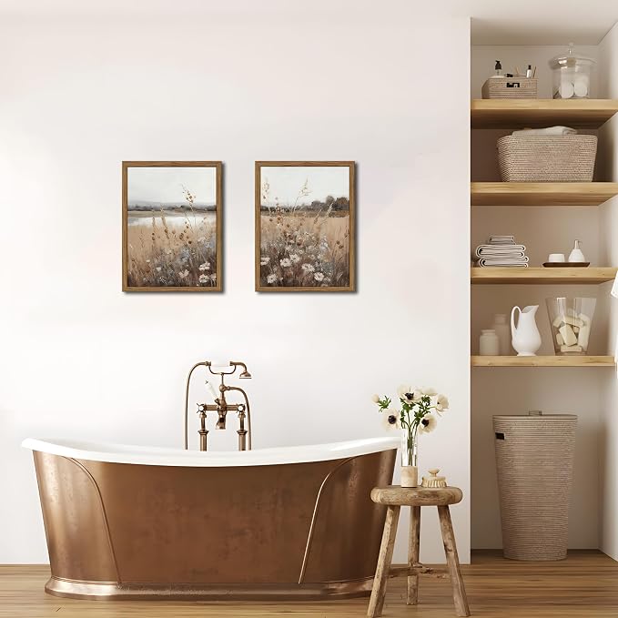 Framed Vintage Wildflower Wall Art Set of 2, Retro Country Floral Canvas Wall Decor Paintings, Farmhouse Field Landscape Posters Prints for Bedroom Bathroom Living Room Home Decor 16x24In Wood Frame