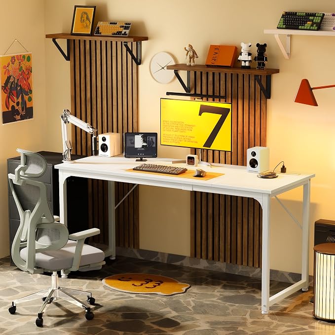 PRAISUN 63 X 24 Inch Computer Desk, Power Outlets, USB-C, White | Office Desk with 4 AC Outlets, USB & USB-C, Sturdy Metal Frame, Spacious Desktop for Work, Writing, Study & Gaming