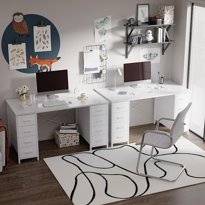 Pamray 47 Inch Computer Desk with 8 Fabric Drawers for Home Office Work | Ample Storage, Space-Saving, Suitable for Home Office Bedrooms Dorm Living Rooms for Study, Writing, Work