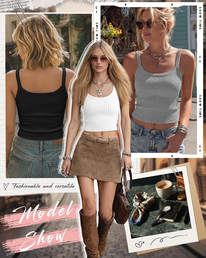 Ficerd 3 Pack Women's Tank Tops 95% Cotton Spaghetti Strap Ribbed Crop Camisole Slim Fitted Basic Summer Sleeveless Layer