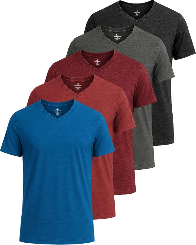 5 Pack Men's Dry Fit V Neck Gym Workout T Shirts Athletic Moisture Wicking | Cooling, Quick Dry, Breathable, Short Sleeve, Exercise, Cycling, Sports, Outdoor, Fitness, Golf, Crossfit, Hiking, Tennis