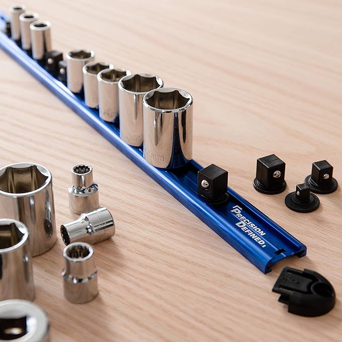 Precision Defined Aluminum Tool Socket Holder | Blue, Single 1/4-Inch Socket Organizer x 16 Clips | Heavy Duty Socket Rails Organizer, Socket Storage, Socket Tray 360 Rotation
