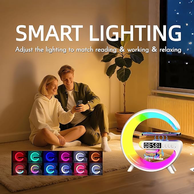 LED Table Lamp with Wireless Charger, G Shaped Night Light Lamp with Bluetooth Speaker, Sunrise Alarm Clock, Smart Mini Atmosphere Lamp for Bedroom, Office, Living Area (White)