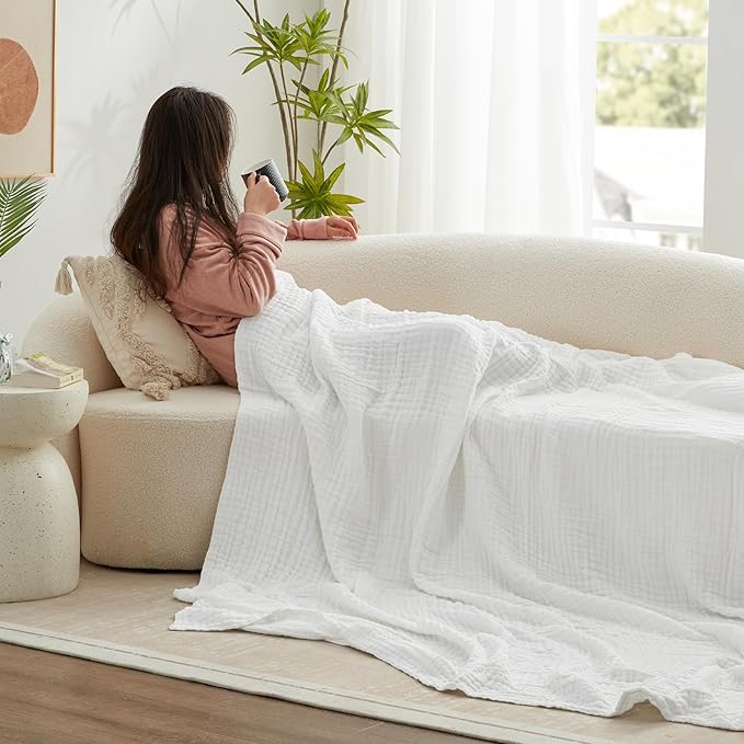 Love's cabin 100% Cotton Muslin Blanket, 6 Layer Lightweight Breathable Gauze Large Throw Blanket 50 x 70 Inches, Soft Cooling All Season Blanket for Couch or Sofa, White