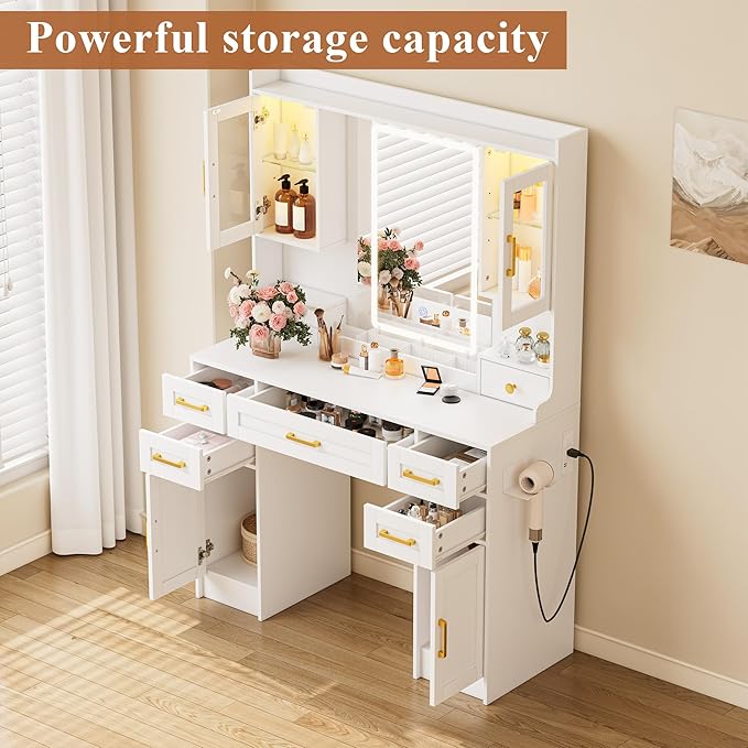 NUNU LAB Large White Vanity Desk with Mirror and Lights with 7 Drawers, Women Makeup Table with Power Outlet, 3-Color Adjustable Lighting for Bedroom Brown