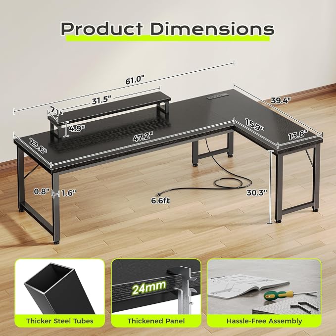 PRAISUN 61" L Shaped Computer Desk, Power Outlets, Monitor Stand, Black | USB-C Ports, Reversible Charging Station, Spacious Desktop & Legroom, 0.94 Inch Thick Desktop, for Gaming, Study & Work