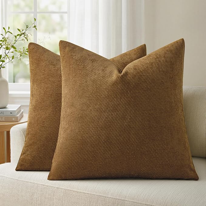 Fall Decorative Throw Pillow Covers Pack of 2,20x20 Inch Warm Brown | Twill Chenille Cushion Covers for Sofa Living Room Couch Bed