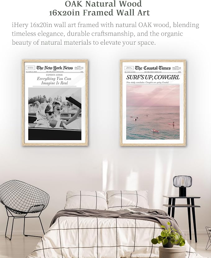 iHery 16x20in Everything You Can Imagine Is Real Framed Newspaper Art | Natural OAK Wood Frame with Canvas Print, Vintage Girls Decor for Bedroom, Living Room, Dorm and Gallery Wall, 1Pack