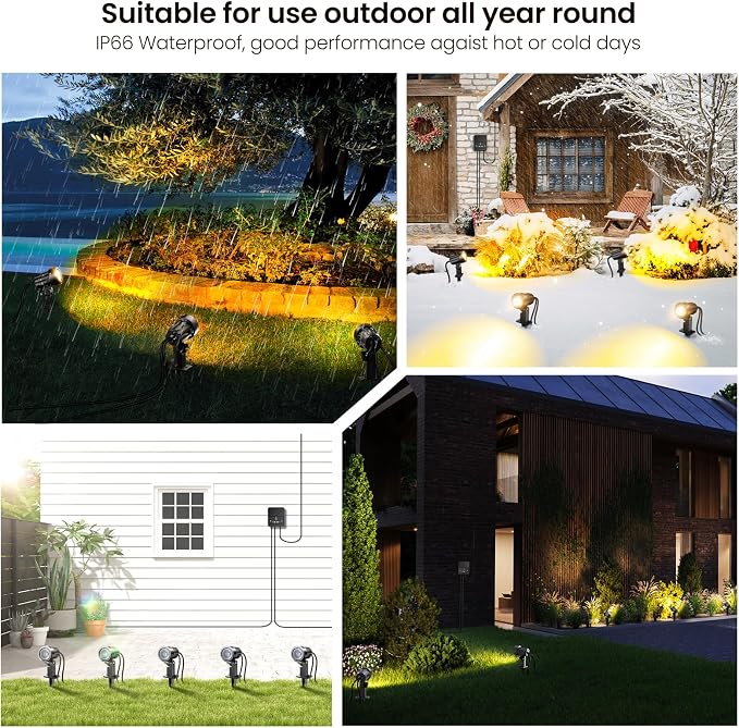 Landscape Lighting Kit 2700-6500K Dimmable Outdoor Spotlights 12 Pack | 3 brightness levels,2 dynamic mode,IP66 waterproof, remote timer & memory,plug and play. Ideal for yards, gardens & pathways