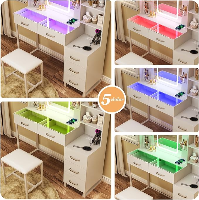 Vanity Desk with Mirror and LED Lights, 43" Makeup Vanity with Glass Top & Wireless Charging, Vanity with RGB Drawers, 3 Colors Light, Power Outlet Safety Switch for Bedroom, White