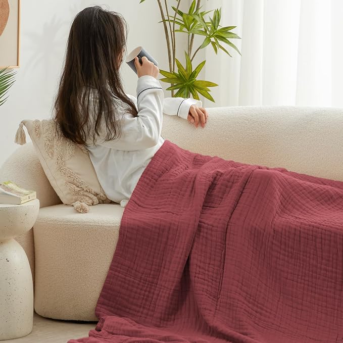 Love's cabin 100% Cotton Muslin Blanket, 6 Layer Lightweight Breathable Gauze Twin Size Blanket 60 x 80 Inches, Soft Summer Blanket for Bed or Couch, Wine Red