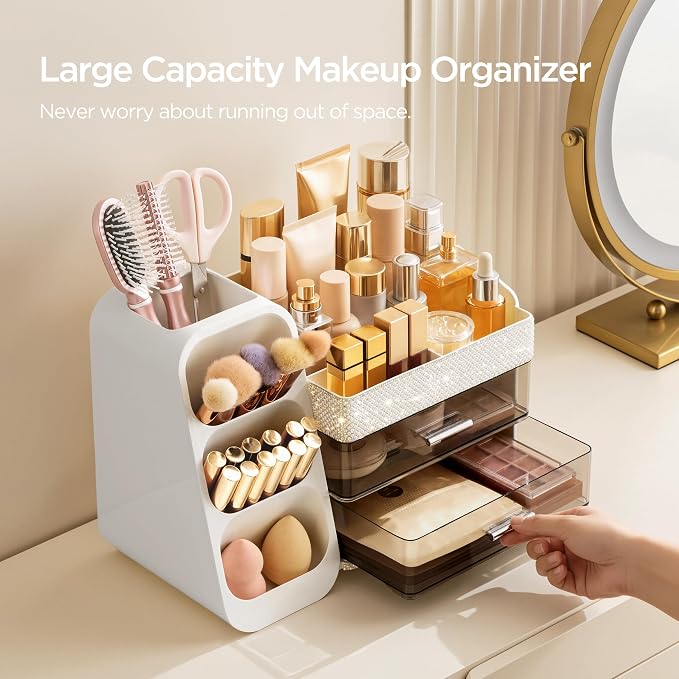 HBlife Makeup Organizer with Brush Holder for Vanity, Large Plastic Bathroom Countertop Organizer Skin Care Storage, Easy to Store Lipsticks, Nail Polishes, Perfumes, Eyeshadow Palettes, Pearl White