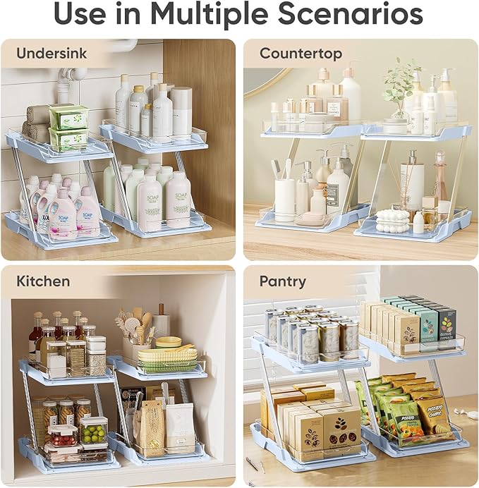 3 Pack Bathroom Organizers and Storage - Multi-Purpose,2-Tier Clear Pull Out Organization for Bathroom,Under Sink,Kitchen,Vanity,Countertop,Cabinet,Pantry & Medicine Cabinet,Blue