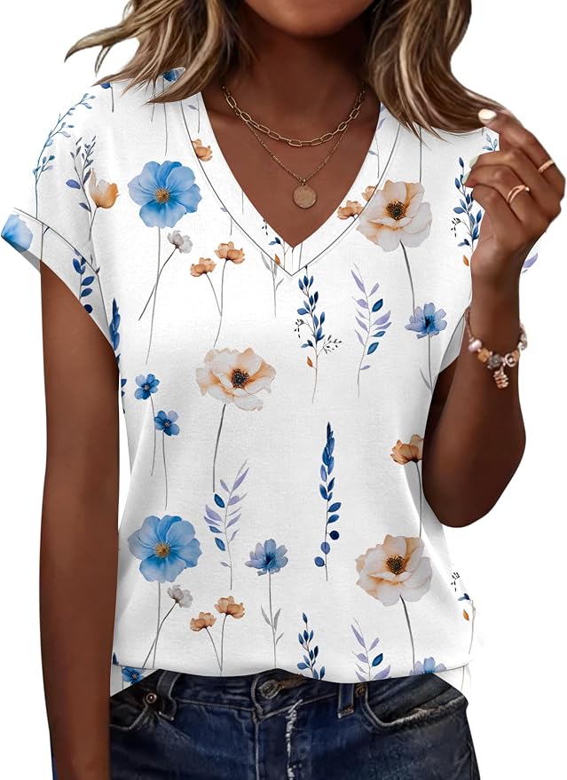 Rapbin Womens Summer Tops Women Blouses Dressy Casual V Neck T Shirts Short Sleeve Spring Tops for Women