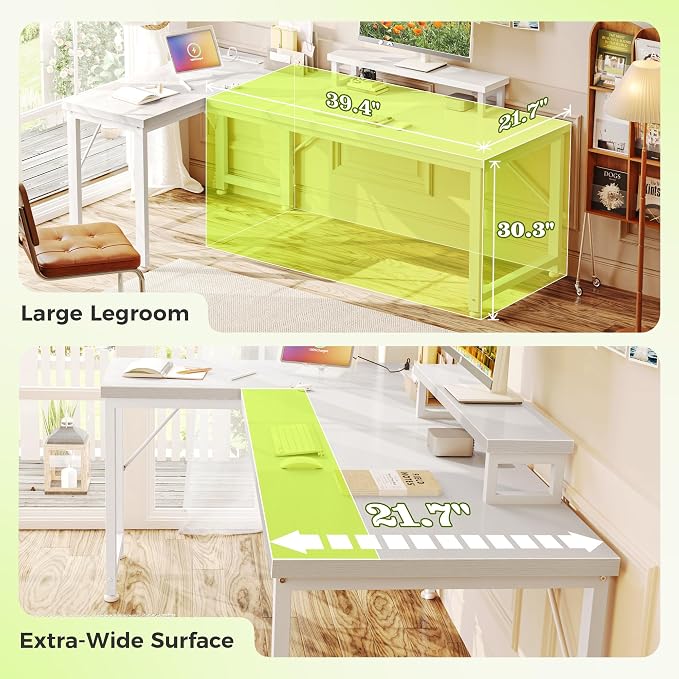 PRAISUN 53" L Shaped Computer Desk, Power Outlets, Monitor Stand, White | USB-C Ports, Reversible Charging Station, Spacious Desktop & Legroom, 0.94 Inch Thick Desktop, for Gaming, Study & Work
