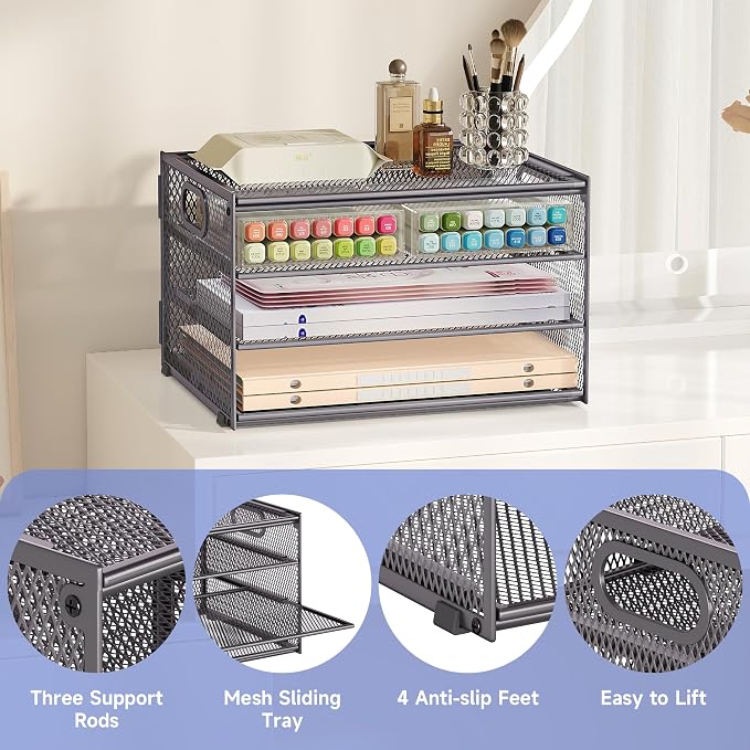 Subekyu Paper Letter Tray Organizer for Desk, Gray Metal Mesh Desk File Sorter Organizer with Handle and 2 Sliding Trays for Home Office School Supplies Organization