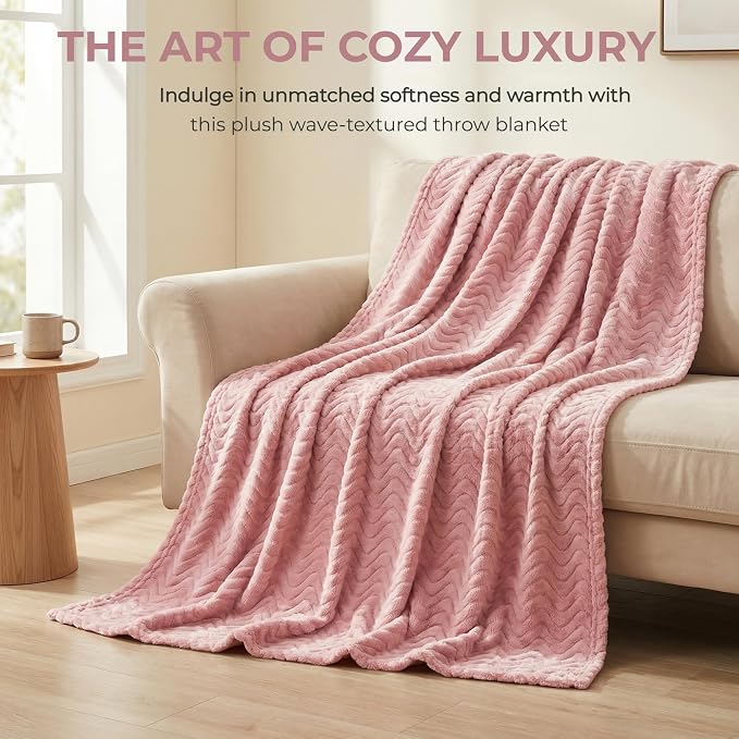 Exclusivo Mezcla Soft Fleece Blanket Queen Size for Bed, Sofa, Pink | 90"x90" Breathable Lightweight Flannel Blanket for Summer, Plush Cozy Jacquard Wave for Home Decor