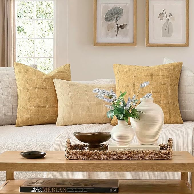 Foindtower Set of 2 Decorative Linen Check Throw Pillow Covers Neutral Farmhouse Lumbar Cushion Covers Modern Boho Accent Home Decor for Sofa Chair Couch Bedroom Living Room,12×20 Inch,Amber Gold