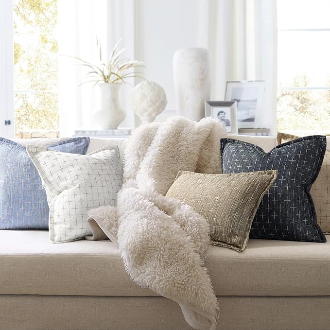 Pillow Covers 16x16 Set of 2 Soft Polyester Textured Pillow Covers with Stylish Flange Edge Cozy Farmhouse Throw Pillows for Couch Bed Sofa Living Room