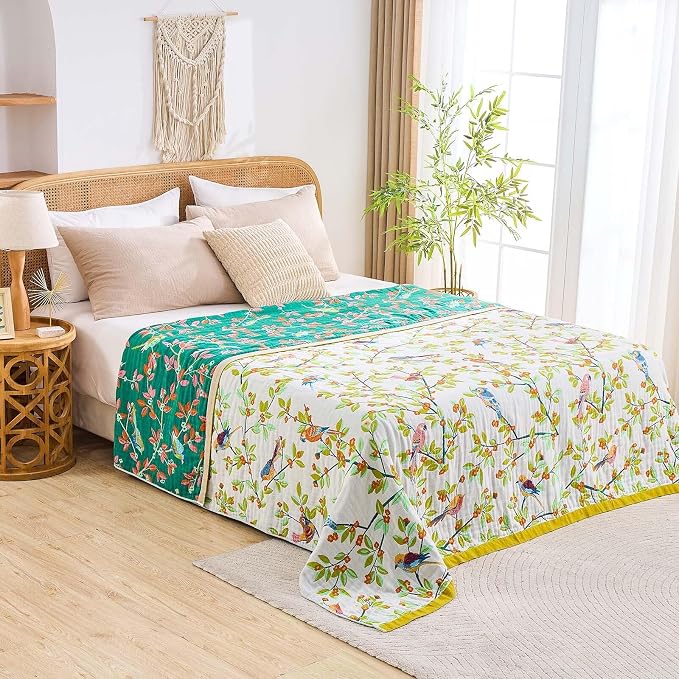 XIBLC Boho Throw Blanket for Bed, 100% Cotton Soft Rustic Quilt Fall Blanket, 90"x98" Floral Printed Farmhouse Decor Bed Blankets, All Season Rustic Reversible Bohemian Throw Quilt