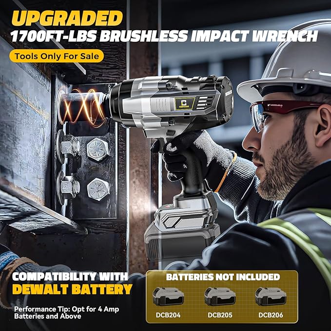 Cordless Impact Wrench 1/2 inch Compatible with DeWalt 20V Battery: 1700FT-LBS High Torque Impact Wrench Heavy Duty Tool with 6 Sockets - Brushless Electric Impact Gun LED Work Light - Bare Tool Only
