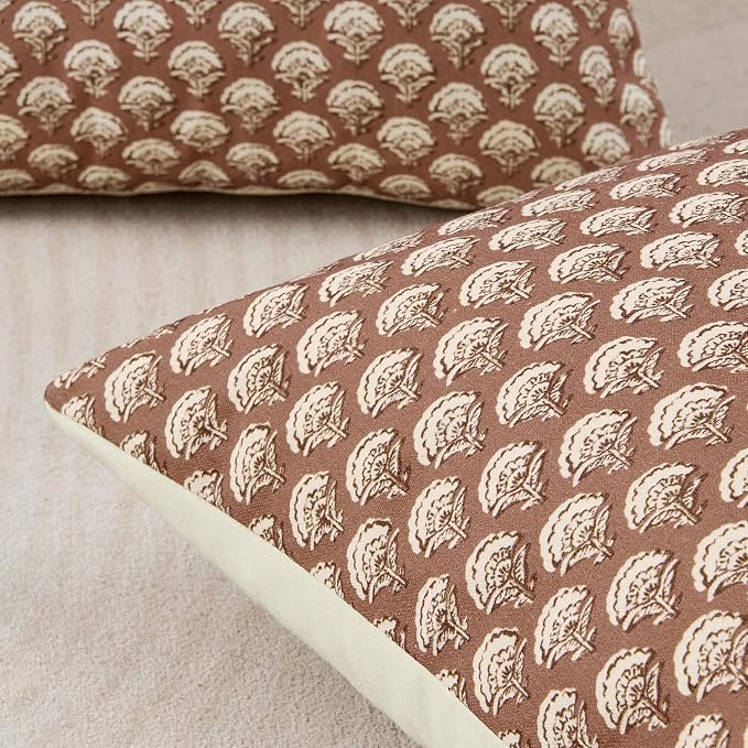 MIULEE Floral Print Decorative Euro Pillow Covers 22x22, Almond | Vintage Boho Farmhouse Modern Home Decor, Set of 2, Block Print Cushion Covers for Couch Sofa Bed Living Room