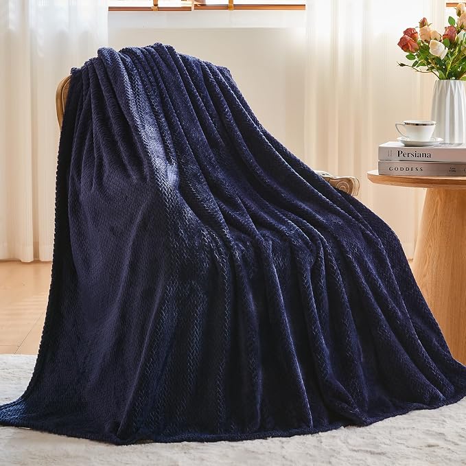 NEWCOSPLAY Fleece Leaves Pattern Twin Blanket, Dark Navy, 60"x80" | Super Soft Throw Blanket, Lightweight Cozy Bed Sofa Blanket, Premium Silky Flannel Fleece, Travel Blanket for All Season Use