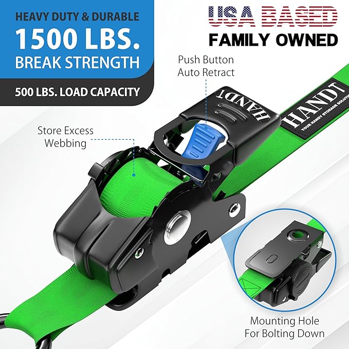 HandT USA Based Retractable Ratchet Straps (2PK) 1in x 6ft - 1,500lb Break Strength, Heavy Duty Automatic Ratchet Straps Self Retractable Tie Down, Push Button Retracting Truck Trailer Cargo | Green