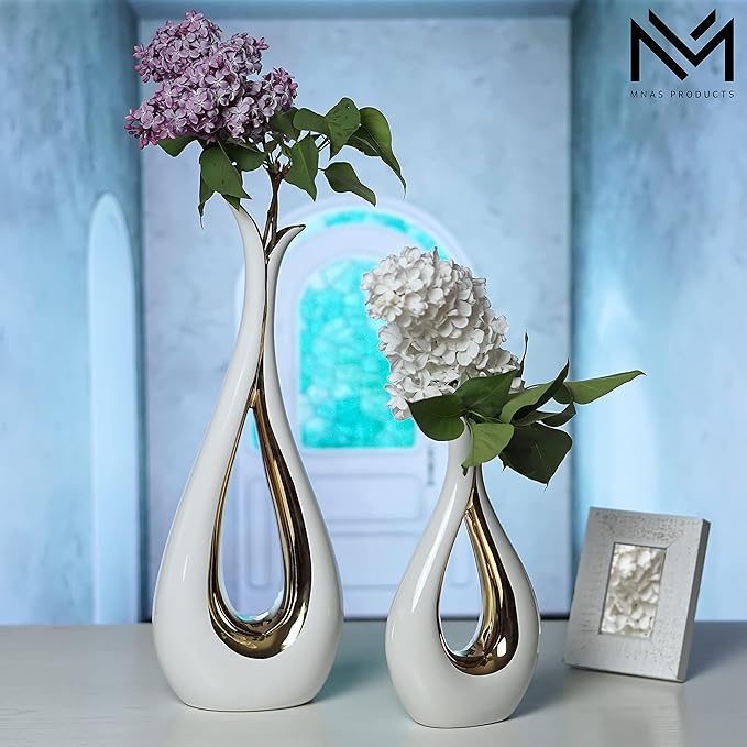 White Ceramic Decorative Vases, Set of 2, Nordic, Modern, Minimalist Design, for Home Decor, Bedroom, Weddings, Restaurants, Office and More