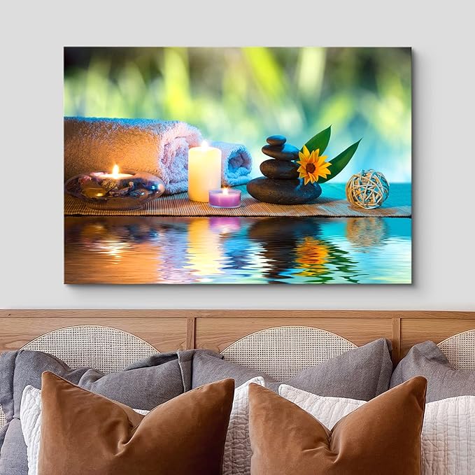 wall26 Canvas Print Wall Art Candles and Towels with Black Zen Stones and Orange Daisy Nature Floral Photography Realism Rustic Colorful Multicolor Ultra for Living Room, Bedroom, Office - 32"x48"