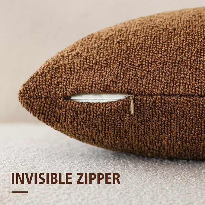 Foindtower Pack of 2, Decorative Textured Boucle Throw Pillow Covers Neutral Accent Solid Pillow Cases Cozy Soft Couch Cushion Case for Chair Sofa Bedroom Living Room Home Decor 22x22 Inch Hazel Brown