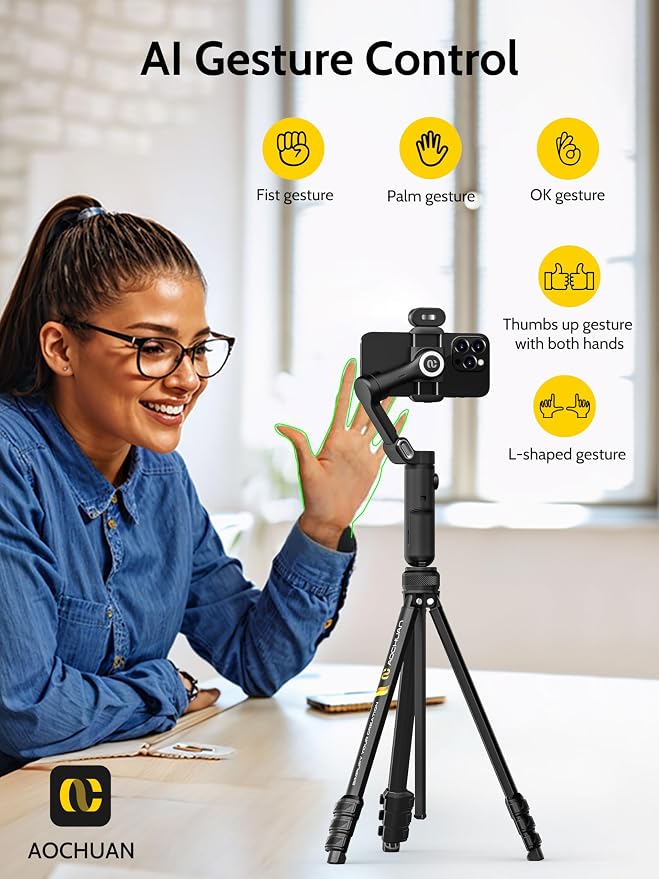 AOCHUAN 3-Axis���Gimbal Stabilizer for iPhone & Android w/RGB Light, Handheld Phone Gimbal for Video Recording w/AI Tracking,1/4 Thread, Extendable Tripod, Padded Carry Bag(Smart X Complete Combo1)