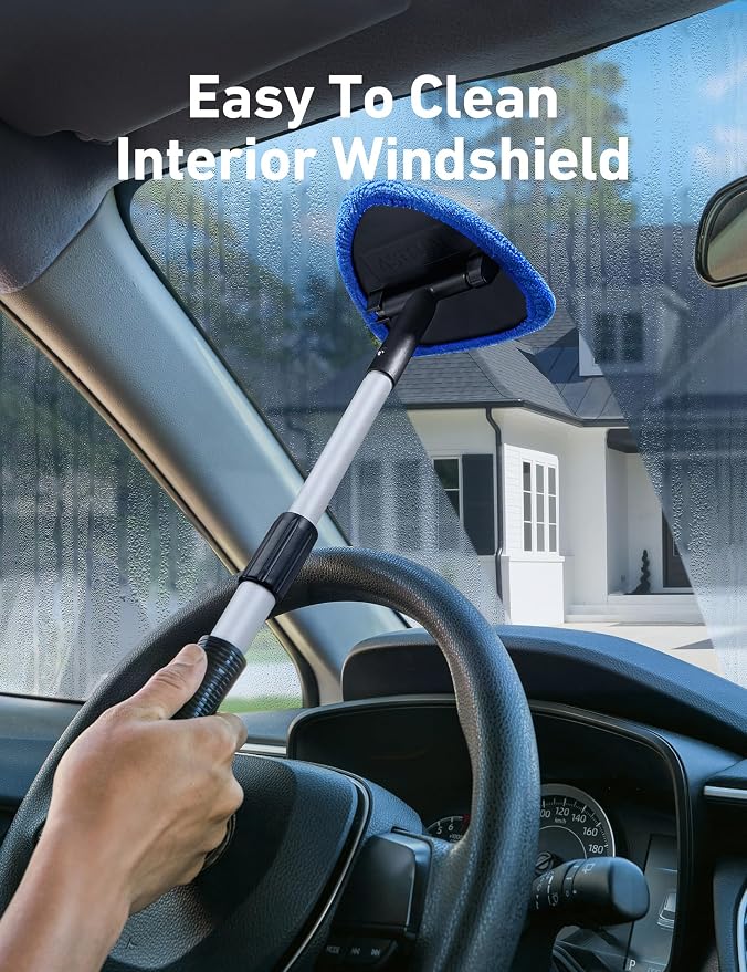 AstroAI 26" Super-Long Windshield Cleaner Tool, Car Interior Window Detailing Cleaning Kit with Extendable Handle and 4 Upgraded Reusable Microfiber Pads, Auto Glass Wiper Brush Kit for Car&Home, Blue