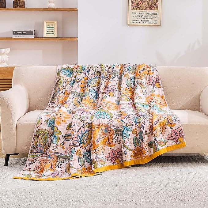 XIBLC Boho Throw Blanket for Bed, 100% Cotton Soft Rustic Quilt Fall Blanket, 90"x98" Floral Printed Farmhouse Decor Bed Blankets, All Season Rustic Reversible Bohemian Throw Quilt