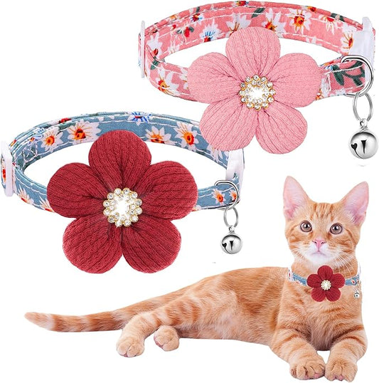 Cat Collar Breakaway, HYQHYX Kitten Collar with Bells, Rhinestone Kitty Collar with Flower for Female Male Cats and Puppy Dog