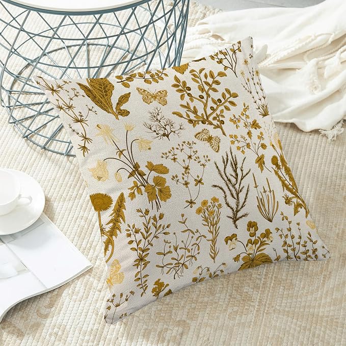 AEIOAE Summer Pillow Covers 22x22 Inch Set of 2,Mustard Yellow Wild Flower Plant Throw Pillows Case,Seasonal Floral Outdoor Decorative Square Linen Farmhouse Decor Cushion Covers for Home Couch