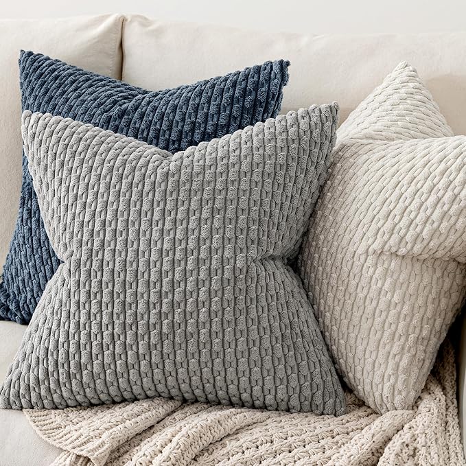 MIULEE Decorative Throw Pillow Covers 18x18 Blue Textured Corduroy | Pack of 2 Striped Pillow Covers Modern Farmhouse Coastal Home Decor for Couch Bed Sofa Living Room