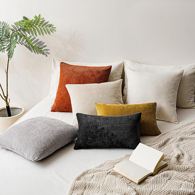 a moment Pack of 2 Decorative Chenille Throw Pillow Covers with Twill Cushion Covers for Sofa Living Room Couch Bed 26x26 Inch, Black